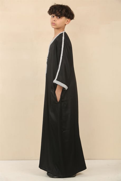 Kid's Boys Svart Marockansk Thobe Jubba Robe Eid Djellaba Gandoura - Image 3