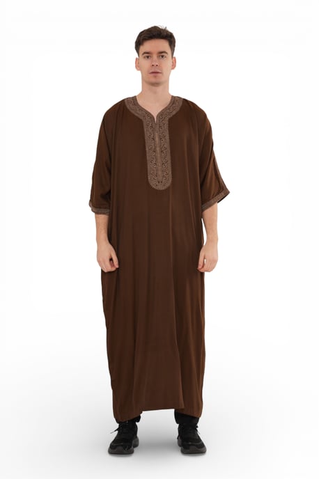 Men's Ramadan Dark Brown Moroccan Thobe Robe Djellaba Gandoura Eid Jubba- HM67 - Image 1