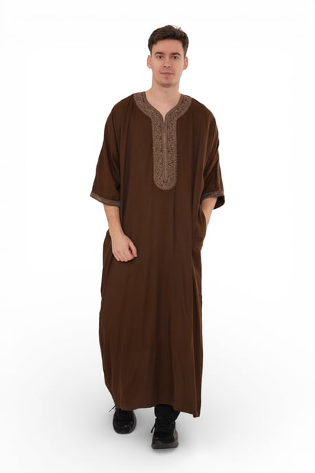 Men's Ramadan Dark Brown Moroccan Thobe Robe Djellaba Gandoura Eid Jubba- HM67 - Image 2