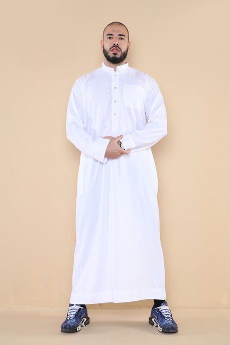 Mens White Thobe Jubba Saudi Islamic Arabic Eid Cotton Kaftan Jubbah Umrah Robe - Image 1