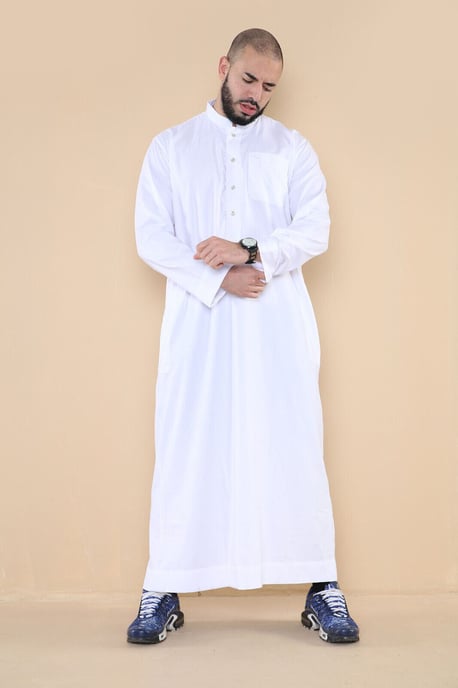 Mens White Thobe Jubba Saudi Islamic Arabic Eid Cotton Kaftan Jubbah Umrah Robe - Image 2