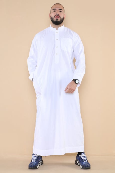 Mens White Thobe Jubba Saudi Islamic Arabic Eid Cotton Kaftan Jubbah Umrah Robe - Image 3