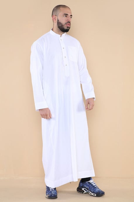 Mens White Thobe Jubba Saudi Islamic Arabic Eid Cotton Kaftan Jubbah Umrah Robe - Image 4