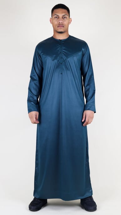 Men's Navy Blue Thobe Robe Satin Emirati Islamic Jubba Eid Regular Fit - Image 1