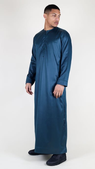 Men's Navy Blue Thobe Robe Satin Emirati Islamic Jubba Eid Regular Fit - Image 4