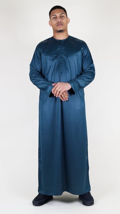 Men's Navy Blue Thobe Robe Satin Emirati Islamic Jubba Eid Regular Fit - Image 5