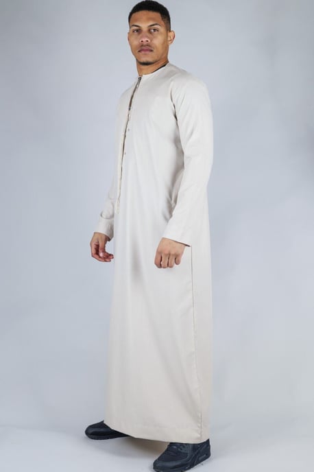 Men's Beige Thobe Emirati Islamic Jubba Robe Eid Tassel Slim Fit - Image 4