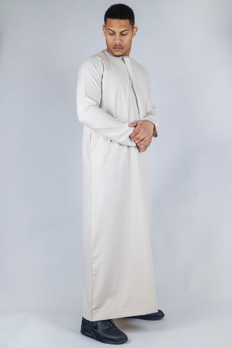 Men's Beige Thobe Emirati Islamic Jubba Robe Eid Tassel Slim Fit - Image 5