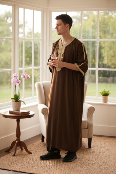 Mens Brown Ramadan Moroccan Thobe Robe Djellaba Gandoura Eid Jubba LFS-HM67 - Image 1