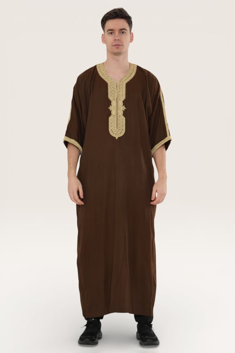 Mens Brown Ramadan Moroccan Thobe Robe Djellaba Gandoura Eid Jubba LFS-HM67 - Image 2