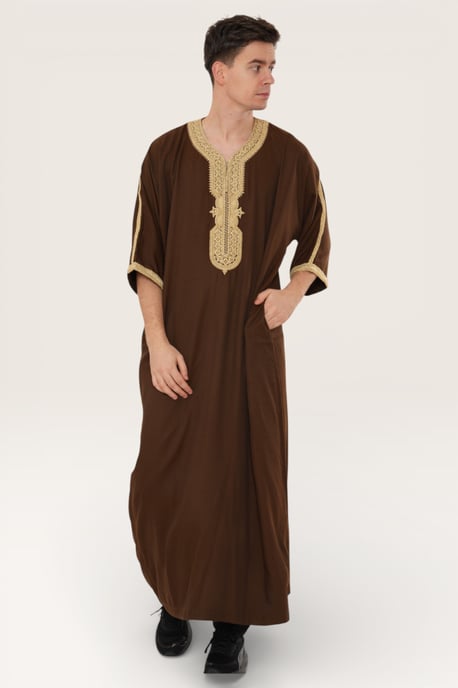 Mens Brown Ramadan Moroccan Thobe Robe Djellaba Gandoura Eid Jubba LFS-HM67 - Image 3