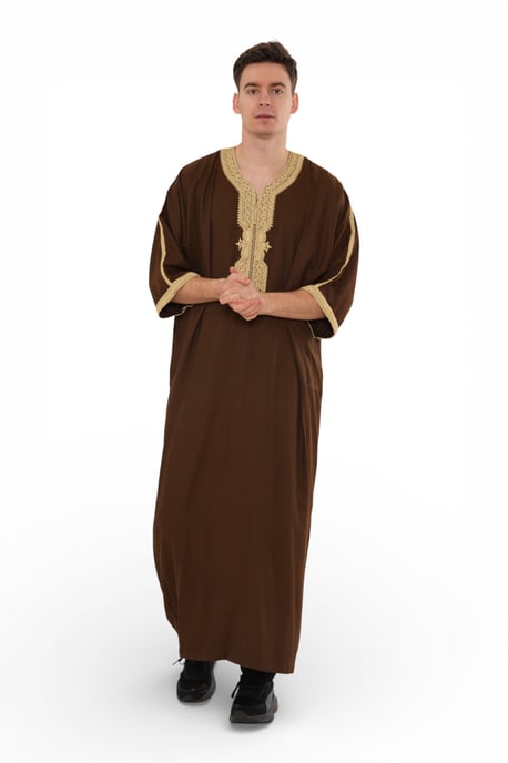 Mens Brown Ramadan Moroccan Thobe Robe Djellaba Gandoura Eid Jubba LFS-HM67 - Image 4