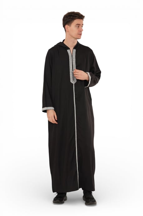 Men's Eid Black Hooded Moroccan Thobe Robe Djellaba Gandoura Ramadan Jubba- HM3 - Image 2