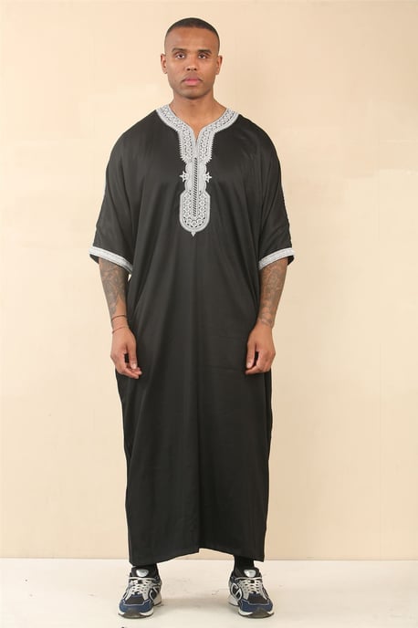Men's Black Moroccan Thobe Jubba Robe Eid Djellaba Gandoura - Image 1
