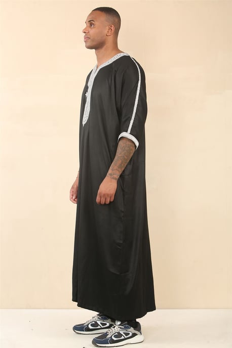 Men's Black Moroccan Thobe Jubba Robe Eid Djellaba Gandoura - Image 2