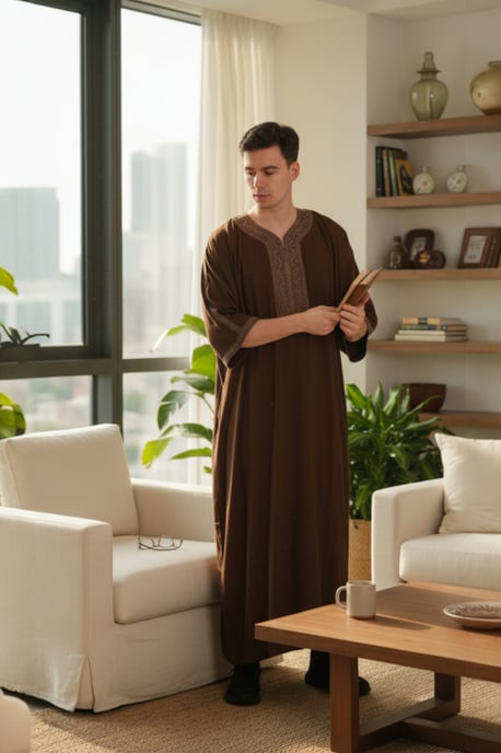 Mens Brown Ramadan Moroccan Thobe Robe Djellaba Gandoura Eid Jubba LFS-HM67 - Image 1