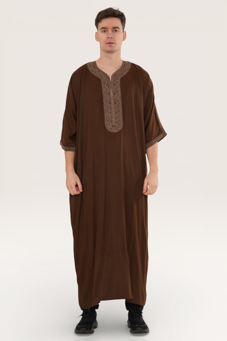 Mens Brown Ramadan Moroccan Thobe Robe Djellaba Gandoura Eid Jubba LFS-HM67 - Image 2