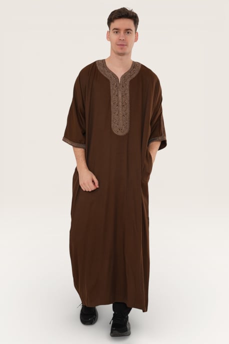 Mens Brown Ramadan Moroccan Thobe Robe Djellaba Gandoura Eid Jubba LFS-HM67 - Image 3