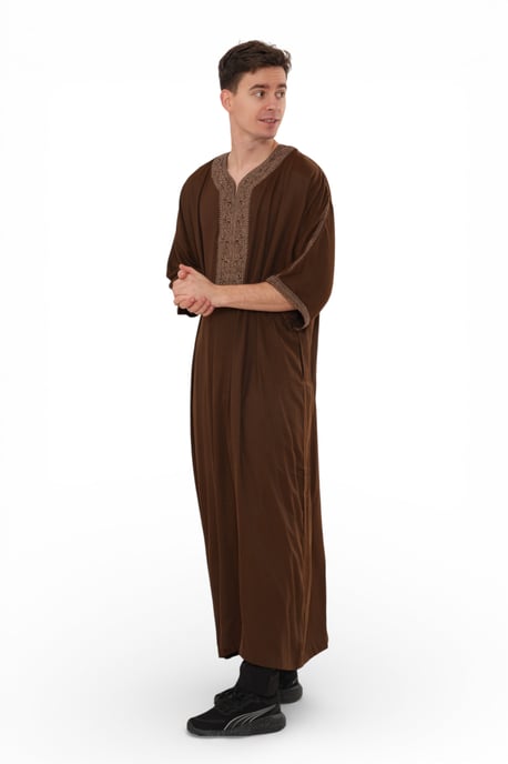 Mens Brown Ramadan Moroccan Thobe Robe Djellaba Gandoura Eid Jubba LFS-HM67 - Image 4