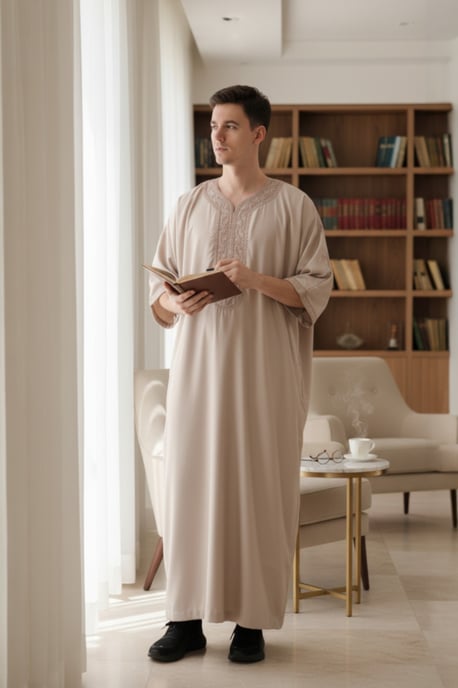 Mens Beige Moroccan Thobe Robe Djellaba Gandoura Eid Jubba LFS-HM66 - Image 1