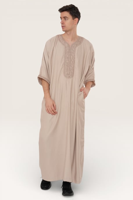 Mens Beige Moroccan Thobe Robe Djellaba Gandoura Eid Jubba LFS-HM66 - Image 3