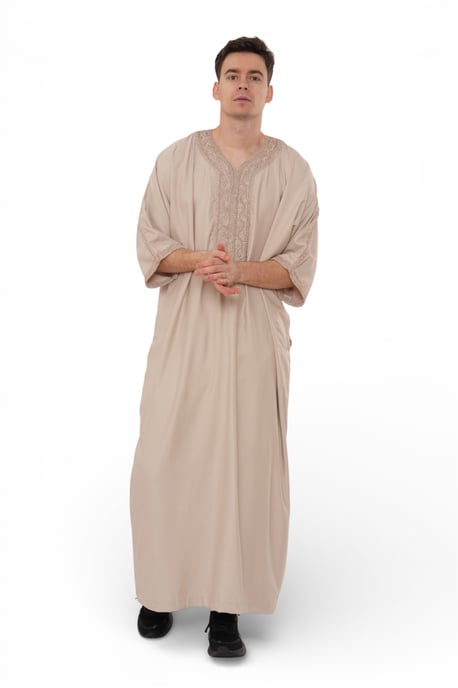 Mens Beige Moroccan Thobe Robe Djellaba Gandoura Eid Jubba LFS-HM66 - Image 4