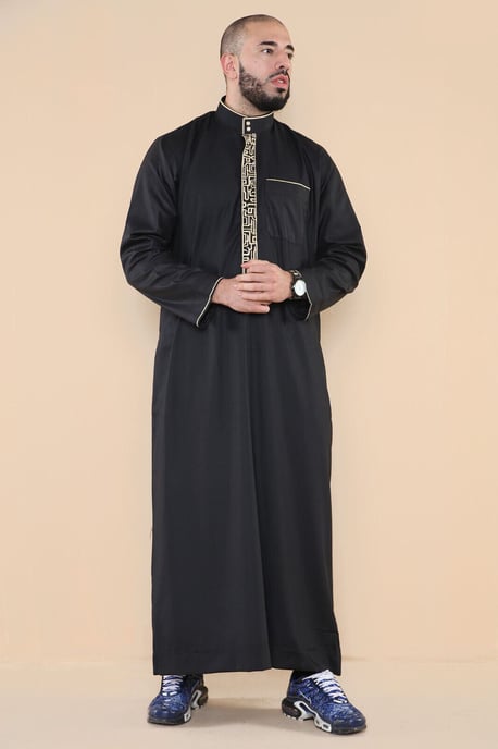 Herr Svart Thobe Jubba Emirati Islamiska Arabiska Eid Broderi Kaftan Jubbah Robe - Image 2