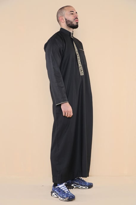 Herr Svart Thobe Jubba Emirati Islamiska Arabiska Eid Broderi Kaftan Jubbah Robe - Image 3