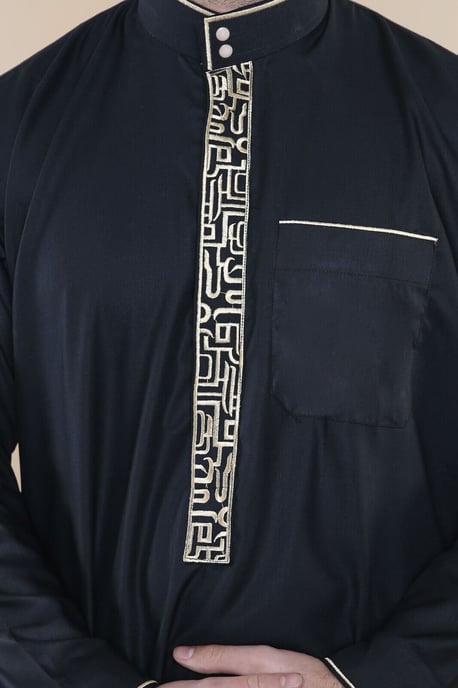 Herr Svart Thobe Jubba Emirati Islamiska Arabiska Eid Broderi Kaftan Jubbah Robe - Image 5