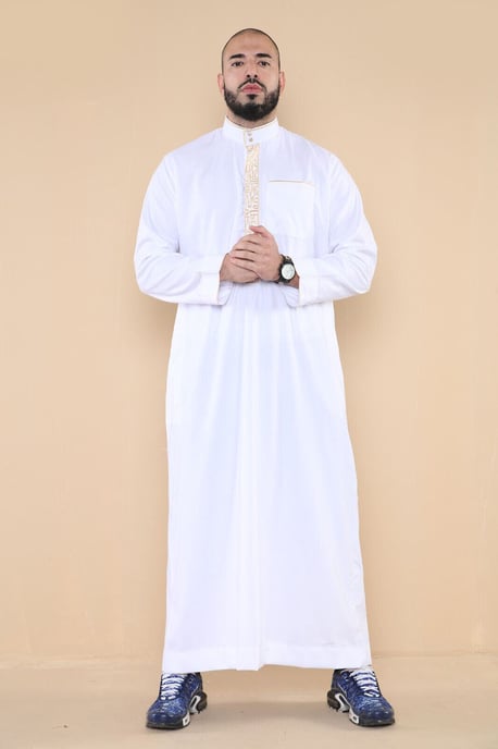 Män Vit Thobe Jubba Emirati Islamiska Arabiska Eid Broderi Kaftan Jubbah Robe - Image 2