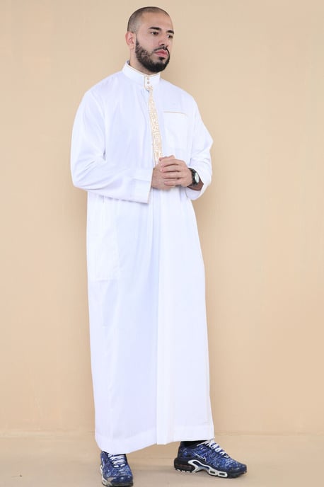 Män Vit Thobe Jubba Emirati Islamiska Arabiska Eid Broderi Kaftan Jubbah Robe - Image 3