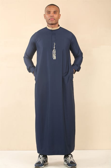 Men's Blue Thobe Arab Saudi Emirati Islamic Clothing Jubba Robe - Image 3