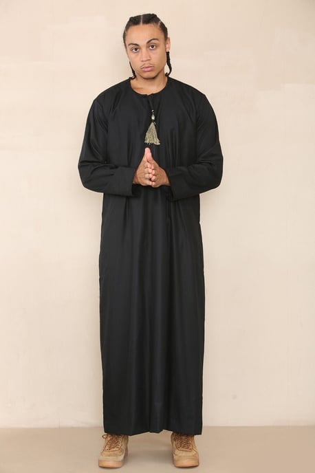 Mens Black Thobe Jubba Saudi Islamic Arab Eid Emirati Kaftan Jubbah Tassel Robe - Image 4