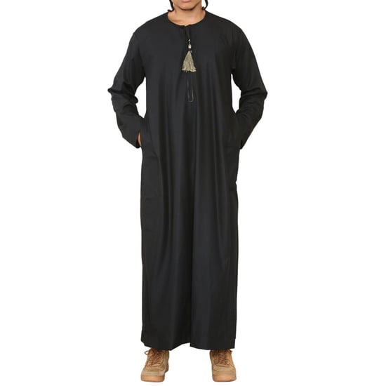 Mens Black Thobe Jubba Saudi Islamic Arab Eid Emirati Kaftan Jubbah Tassel Robe - Image 5