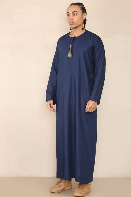 Mens Blue Thobe Jubba Saudi Islamic Arab Eid Emirati Kaftan Jubbah Tassel Robe - Image 2