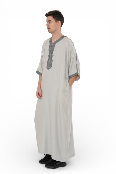 Men's Grey Charcoal Moroccan Thobe Robe Eid Djellaba Gandoura Jubba- HM65 - Image 2