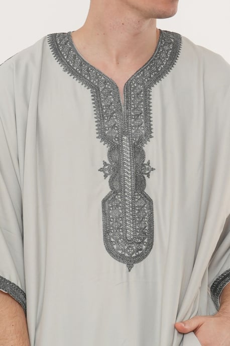 Men's Grey Charcoal Moroccan Thobe Robe Eid Djellaba Gandoura Jubba- HM65 - Image 4