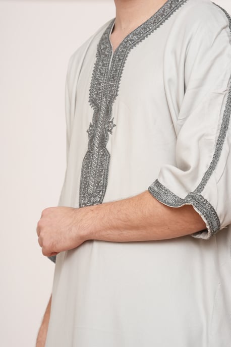 Men's Grey Charcoal Moroccan Thobe Robe Eid Djellaba Gandoura Jubba- HM65 - Image 5