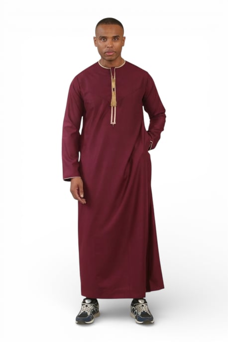 Men's Ramadan Burgundy Red Moroccan Thobe Robe Emirati Eid Jubba- TT-003 - Image 2