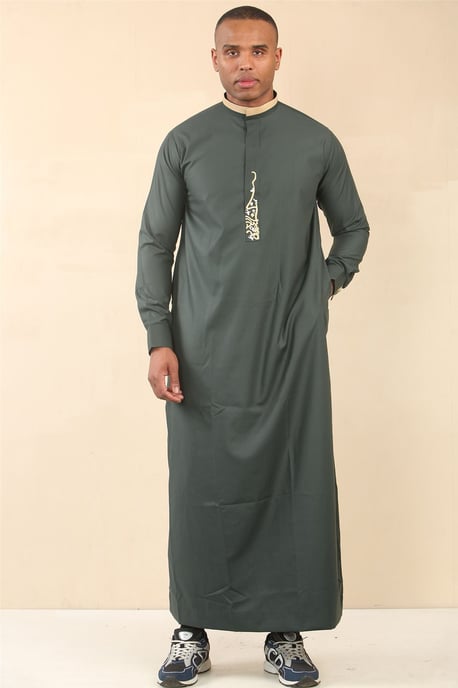 Men's Green Thobe Arab Saudi Emirati Islamic Clothing Jubba Robe - Image 3