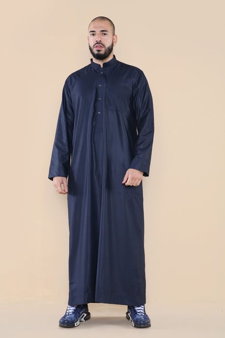 Män Navy Thobe Jubba Saudi Islamiska Arabiska Eid Cotton Kaftan Jubbah Umrah Robe - Image 3