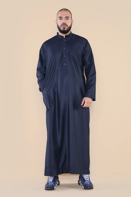 Män Navy Thobe Jubba Saudi Islamiska Arabiska Eid Cotton Kaftan Jubbah Umrah Robe - Image 4