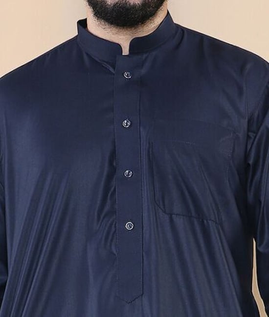 Män Navy Thobe Jubba Saudi Islamiska Arabiska Eid Cotton Kaftan Jubbah Umrah Robe - Image 5