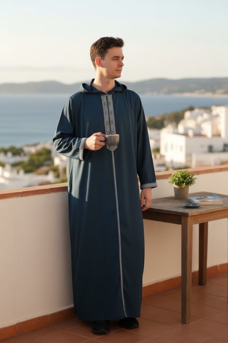 Mens Blue Eid Hooded Moroccan Thobe Robe Djellaba Gandoura Ramadan Jubba LFS- HM3 - Image 1