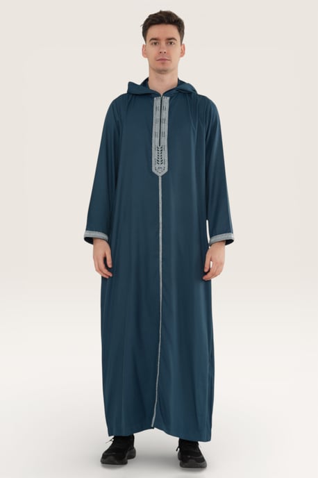 Mens Blue Eid Hooded Moroccan Thobe Robe Djellaba Gandoura Ramadan Jubba LFS- HM3 - Image 2