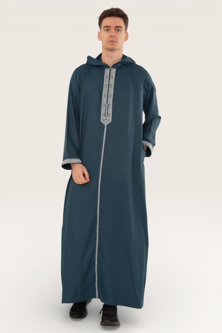 Mens Blue Eid Hooded Moroccan Thobe Robe Djellaba Gandoura Ramadan Jubba LFS- HM3 - Image 3