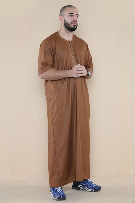 Mens Brown Thobe Jubba Islamic Arab Moroccan Saudi Zipped Kaftan Arab Robe - Image 2