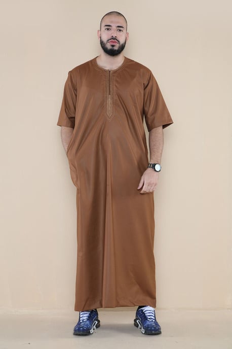 Mens Brown Thobe Jubba Islamic Arab Moroccan Saudi Zipped Kaftan Arab Robe - Image 4