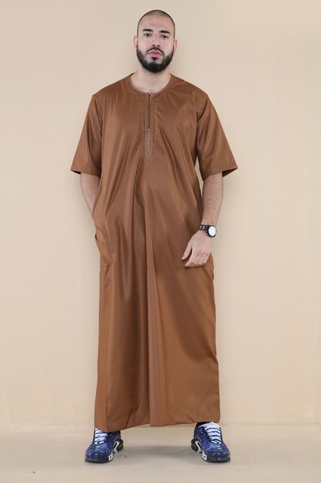 Mens Brown Thobe Jubba Islamic Arab Moroccan Saudi Zipped Kaftan Arab Robe - Image 5