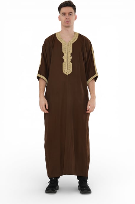 Men's Ramadan Brown Moroccan Thobe Robe Djellaba Gandoura Eid Jubba- HM67 - Image 1